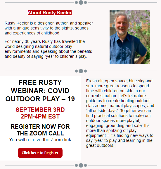 THRC Flyer with Rusty Keeler and Outdoor Play Webinar