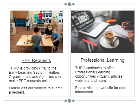 First picture on the left: Educator wearing a mask at the wooden table with two children exploring blocks. Second picture on the right: someone taking notes on a note pad with their laptop open on ZOOM. There is also a cellphone and a cup of coffee on the table,