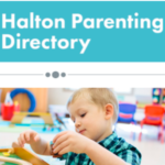 Halton Parenting Directory Banner with a Child sitting at the table exploring the blocks.