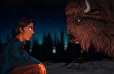 a cartoon adult sitting facing a cartoon buffalo