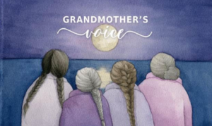 Grandmothers Voice painting of 4 woman sitting by the water looking at the moon