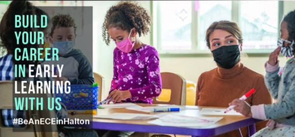 Banner: Build your career in Early Learning with us #BeanECEinHalton with an female educator with 4 children at the table with markers