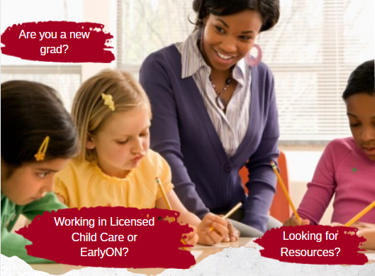 Banner with an Educator and 3 children at the table - are you a new staff looking for PL. Working in licensed child care