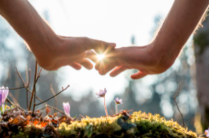 two people touching fingers outside with the sun beaming