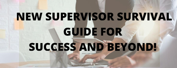 New Supervisor Survival Guide For Success and Beyond Banner with two adults standing and typing on a laptop